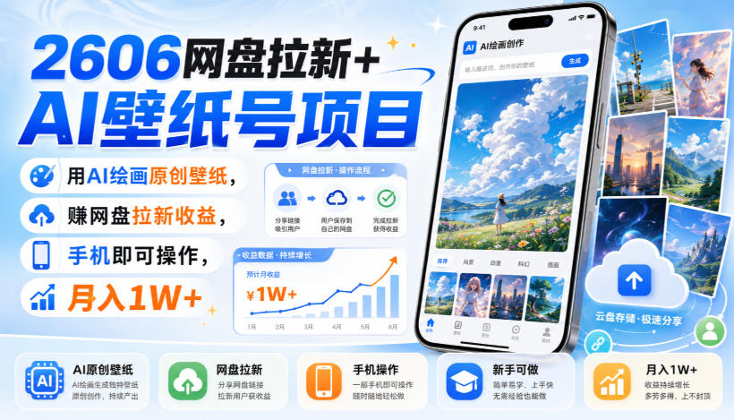 2606网盘拉新+AI壁纸号项目，用AI绘画原创壁纸，賺网盘拉新收益，手机即可操作，月入1W+-优优云创网