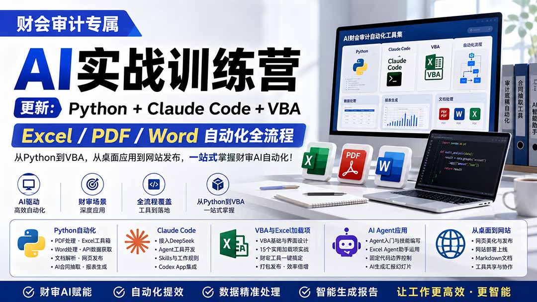 财会审计专属 AI实战训练营：Python+Claude Code+VBA，Excel/PDF/Word自动化全流程 (更新-优优云创网