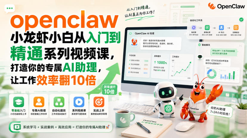 openclaw小龙虾小白从入门到精通系列视频课，打造你的专属AI助理，让工作效率翻10倍-优优云创网