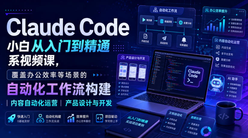 20260816123328129-a881d4bfe74b9b2fb89f5a9422f57c75 Claude Code小白从入门到精通系视频课,覆盖办公效率等场景的自动化工作流构建|内容自动化运营|产品设计与开发