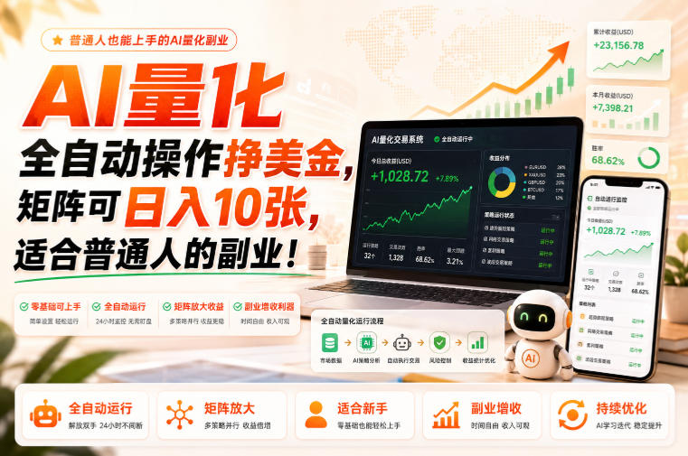 AI量化全自动操作挣美金，矩阵可日入10张，适合普通人的副业！【揭秘】-优优云创网