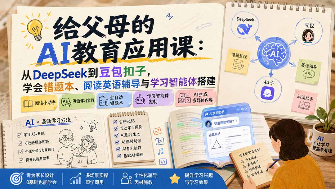 给父母的AI教育应用课：从DeepSeek到豆包扣子，学会错题本、阅读英语辅导与学习智能体搭建-优优云创网