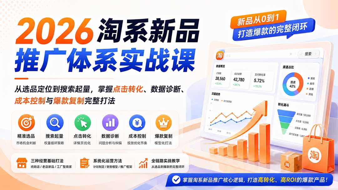 2026淘系新品推广体系实战课:从选品定位到搜索起量,掌握点击转化、数据诊断、成本控制与爆款复制完整打法-优优云创网