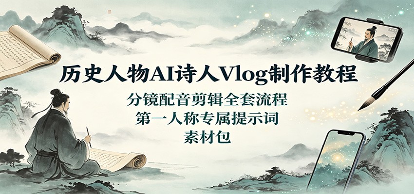 历史人物AI诗人Vlog制作教程：分镜配音剪辑全套流程，第一人称专属提示词素材包-优优云创网