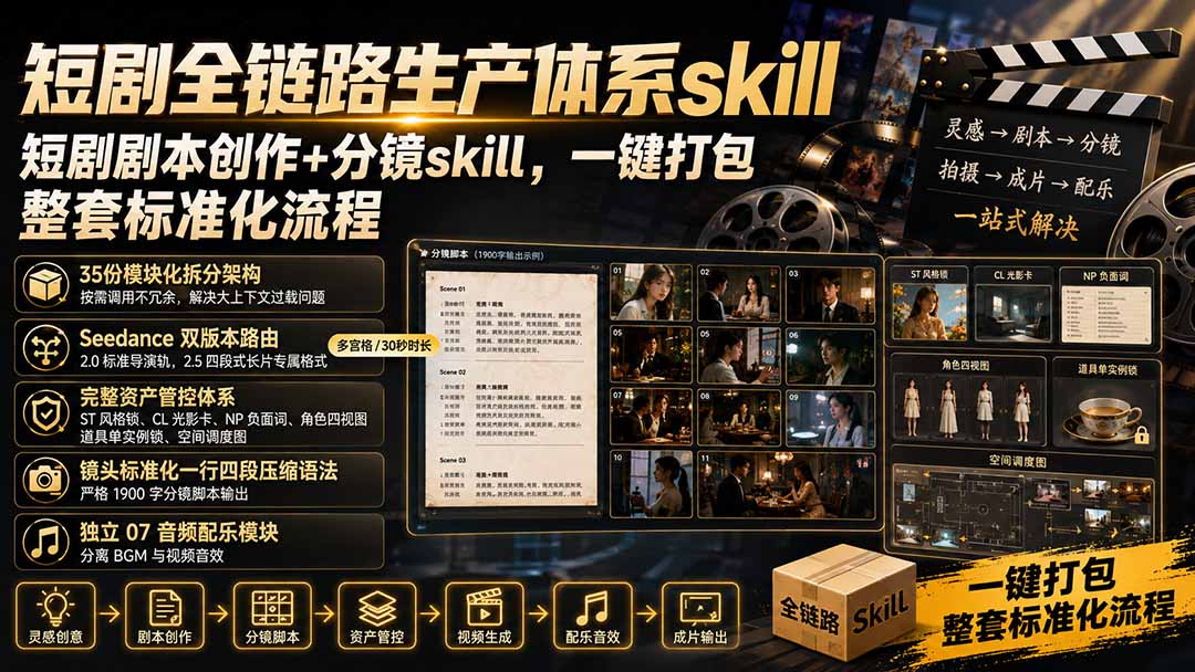 短剧全链路生产体系skill，短剧剧本创作+分镜skill，一键打包，整套标准化流程-优优云创网
