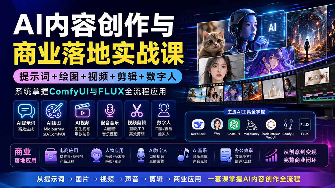 AI内容创作与商业落地实战课：提示词+绘图+视频+剪辑+数字人，系统掌握ComfyUI与FLUX全流程应用-优优云创网