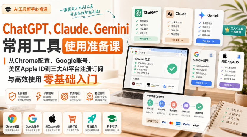 ChatGPT、Claude、Gemini常用工具使用准备课|从Chrome配置、Google账号、美区Apple ID到三大AI平台注册订阅与高效使用零基础入门-优优云创网