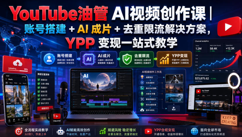 YouTube油管AI视频创作课|账号搭建+AI成片+去重限流解决方案,YPP变现一站式教学(更新0817)-优优云创网