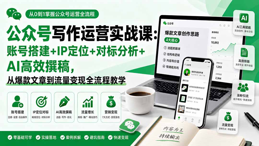 公众号写作运营实战课:账号搭建+IP定位+对标分析+AI高效撰稿,从爆款文章到流量变现全流程教学-优优云创网