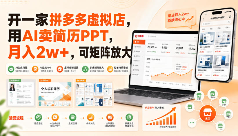 开一家拼多多虚拟店，用AI卖简历PPT，月入2w+，可矩阵放大【揭秘】-优优云创网