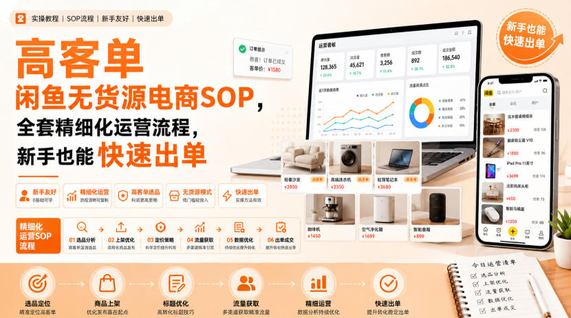 高客单闲鱼无货源电商SOP，全套精细化运营流程，新手也能快速出单-优优云创网
