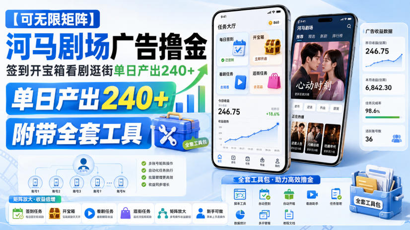 【可无限矩阵】河马剧场广告撸金，签到开宝箱看剧逛街单日产出240+，附带全套工具【揭秘】-优优云创网