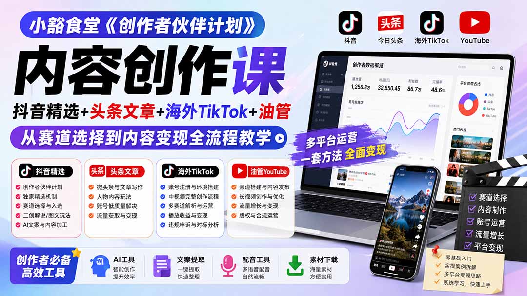 小豁食堂《创作者伙伴计划》内容创作课：抖音精选+头条文章+海外TikTok+油管，从赛道选择到内容变现全流程教学-优优云创网