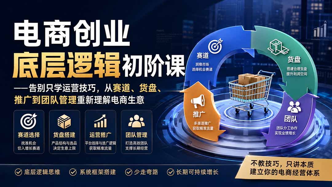 电商创业底层逻辑初阶课——告别只学运营技巧，从赛道、货盘、推广到团队管理重新理解电商生意-优优云创网