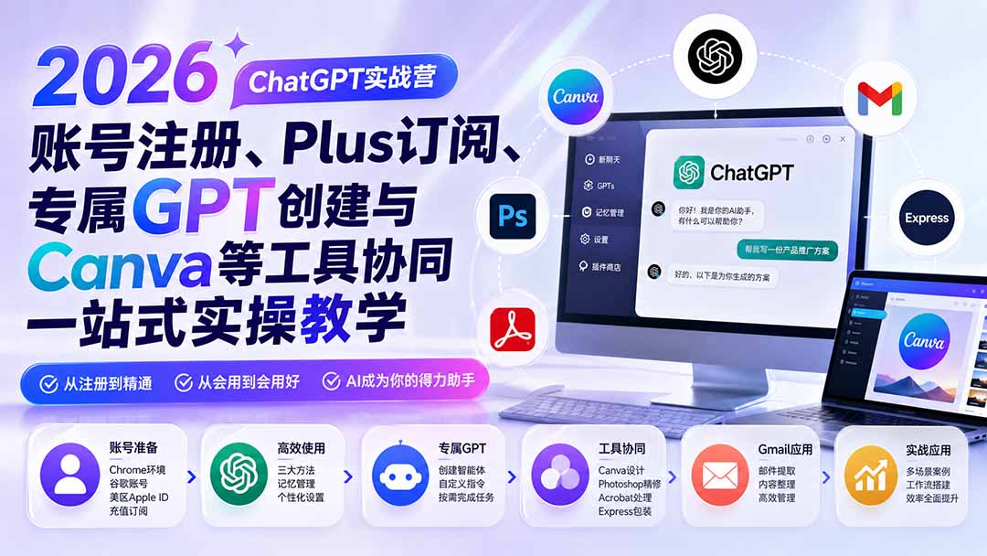2026 ChatGPT实战营；账号注册、Plus订阅、专属GPT创建与Canva等工具协同一站式实操教学-优优云创网