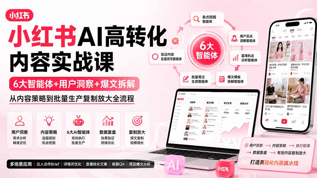 小红书AI高转化内容实战课：6大智能体+用户洞察+爆文拆解，从内容策略到批量生产复制放大全流程-优优云创网
