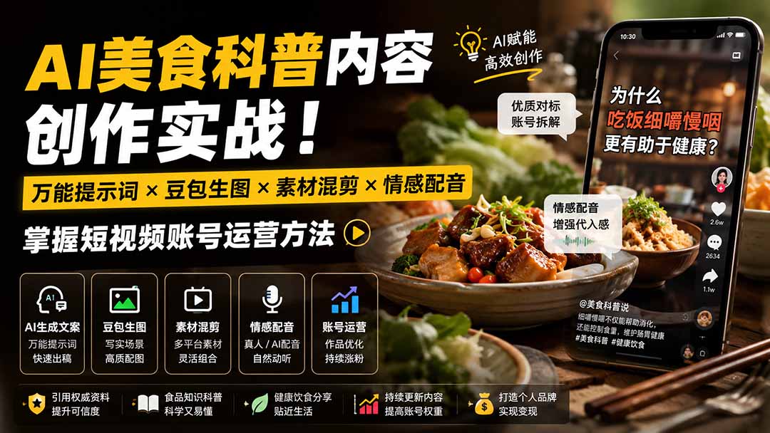 外面卖199元-AI美食科普内容创作实战!万能提示词×豆包生图×素材混剪×情感配音,掌握短视频账号运营方法-优优云创网