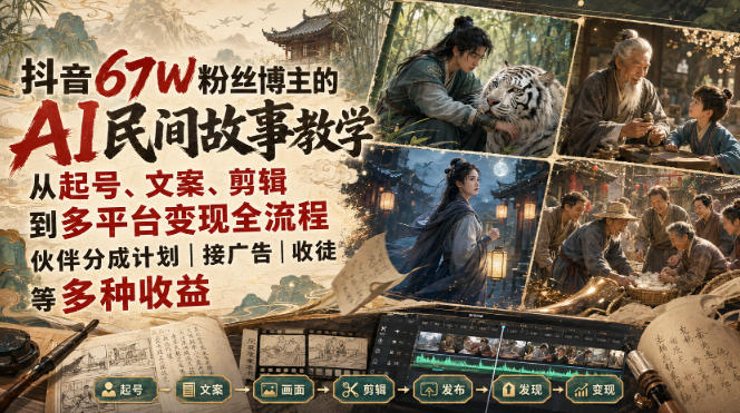 抖音67W粉丝博主的AI民间故事教学,从起号、文案、剪辑到多平台变现全流程,伙伴分成计划接广告等多种收益,月入1W+-优优云创网