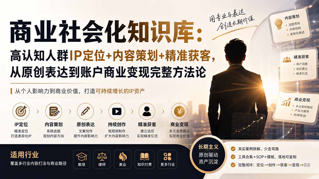 商业社会化知识库：高认知人群IP定位+内容策划+精准获客，从原创表达到账户商业变现完整方法论-优优云创网