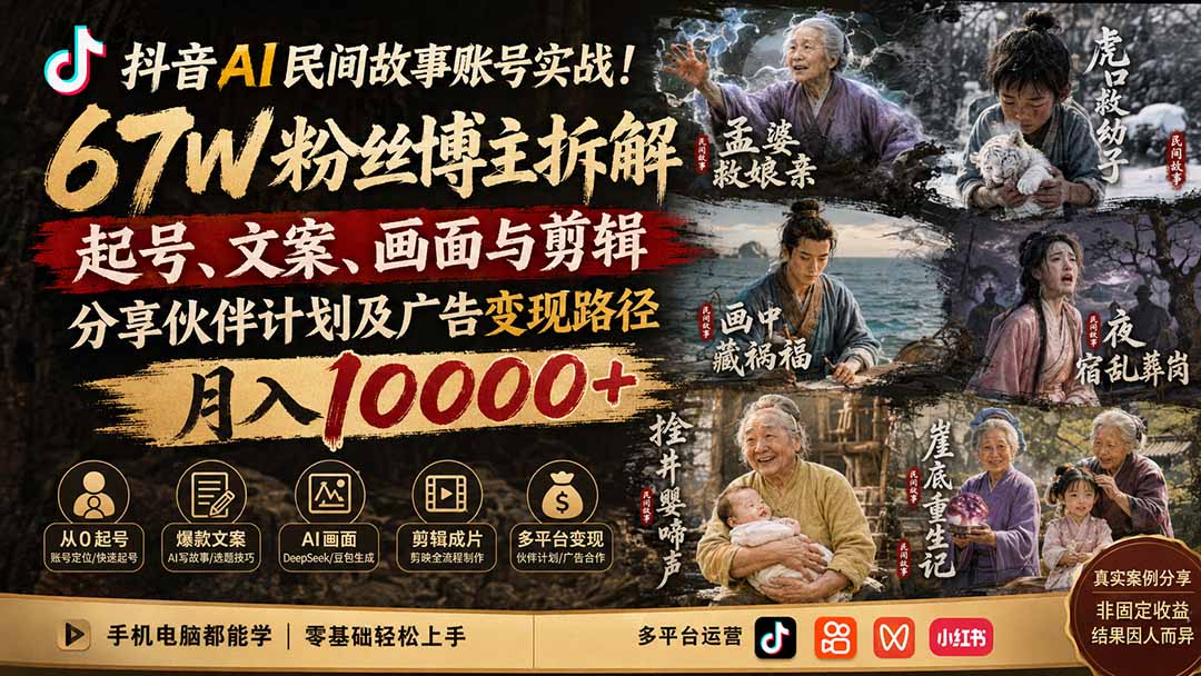 抖音AI民间故事账号实战！67W粉丝博主拆解起号、文案、画面与剪辑，分享伙伴计划及广告变现路径，月入10000+-优优云创网