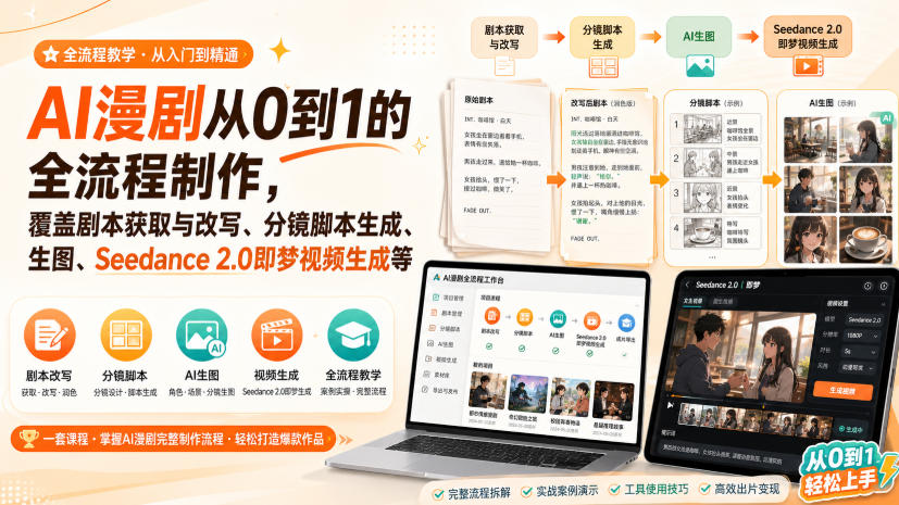 AI漫剧从0到1的全流程制作，覆盖剧本获取与改写、分镜脚本生成、角色场景生图与三视图、Seedance 2.0即梦视频生成(PDF版)-优优云创网