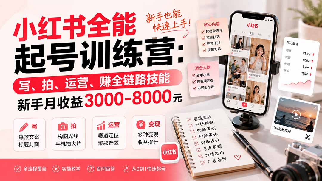小红书全能起号训练营-更新：写、拍、运营、赚全链路技能，新手月收益3000-8000元-优优云创网