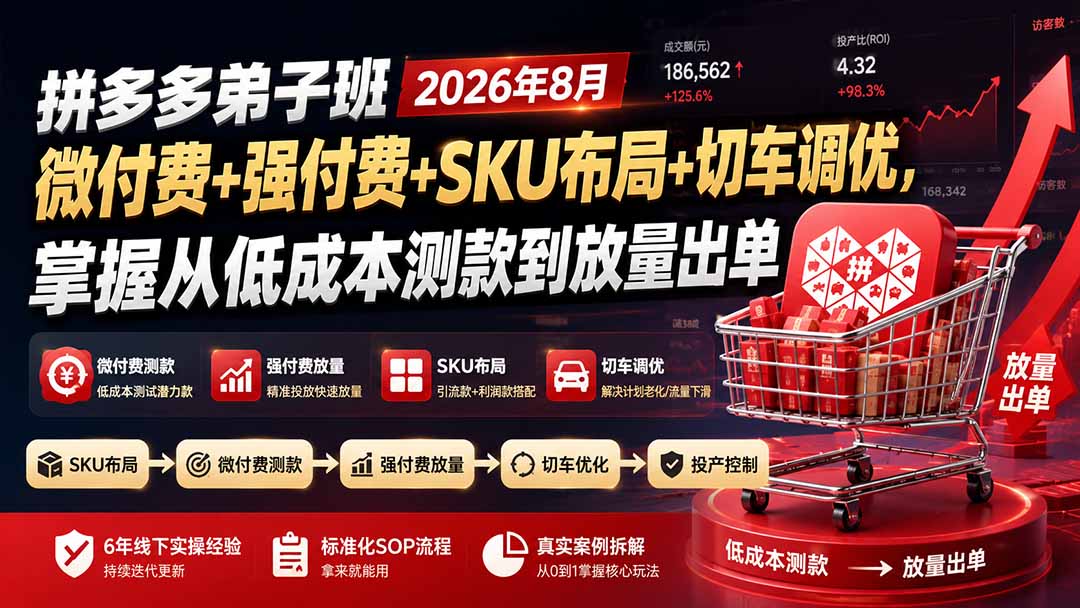 拼多多弟子班2026年8月：微付费+强付费+SKU布局+切车调优，掌握从低成本测款到放量出单-优优云创网