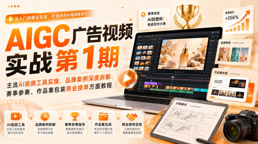 AIGC广告视频实战第1期，主流AI视频工具实操、品牌案例深度拆解、赛事参赛、作品集包装商业接单方面教程-优优云创网