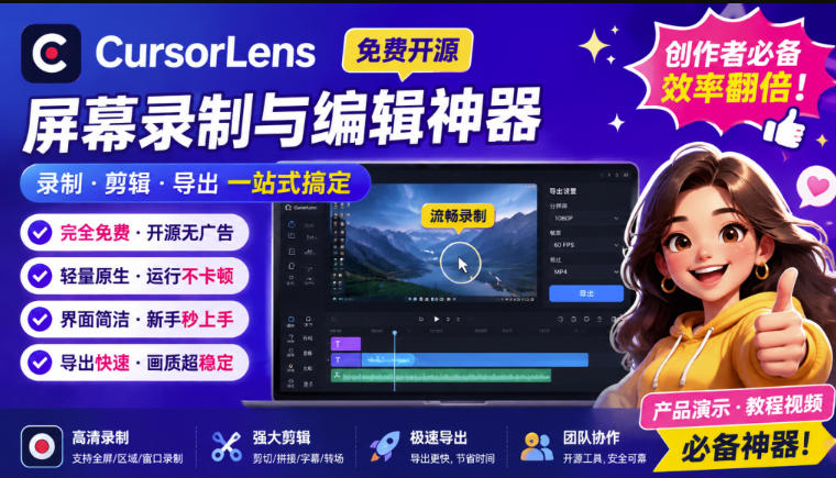 CursorLens免费开源录屏工具，支持自动缩放，教程视频录制必备神器-优优云创网