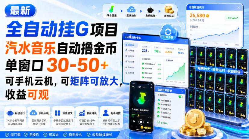 最新全自动挂G项目，汽水音乐自动撸金币单窗口30-50+，可手机云机，可矩阵可放大，收益可观-优优云创网
