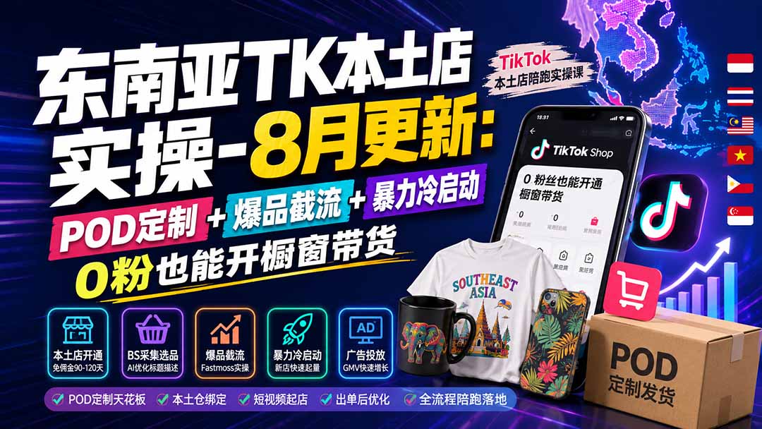 东南亚TK本土店实操-8月更新:POD定制+爆品截流+暴力冷启动,0粉也能开橱窗带货-优优云创网