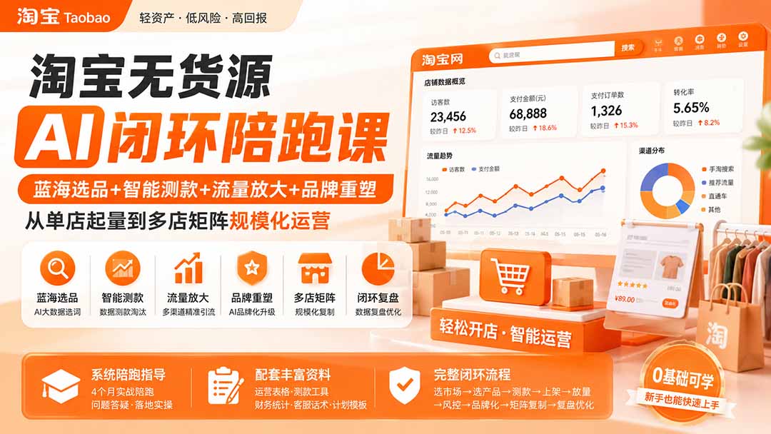 淘宝无货源AI闭环陪跑课：蓝海选品+智能测款+流量放大+品牌重塑，从单店起量到多店矩阵规模化运营-优优云创网