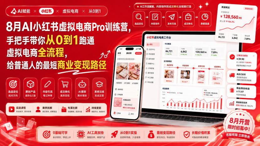 8月AI小红书虚拟电商Pro训练营，手把手带你从0到1跑通虚拟电商全流程，给普通人的最短商业变现路径-优优云创网
