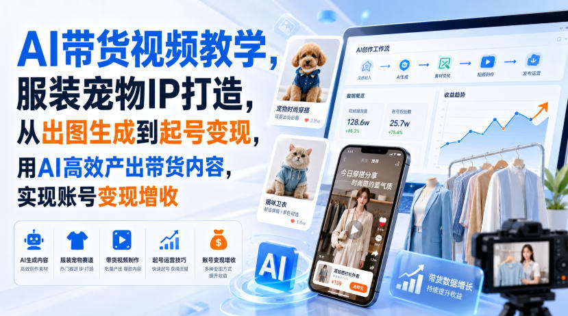 AI带货视频教学，服装宠物IP打造，从出图生成到起号变现，用AI高效产出带货内容，实现账号变现增收-优优云创网