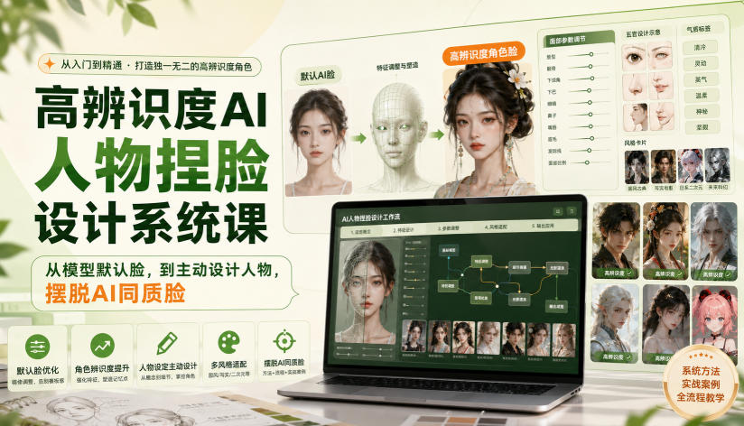 高辨识度AI人物捏脸设计系统课，从模型默认脸，到主动设计人物，摆脱AI同质脸-优优云创网