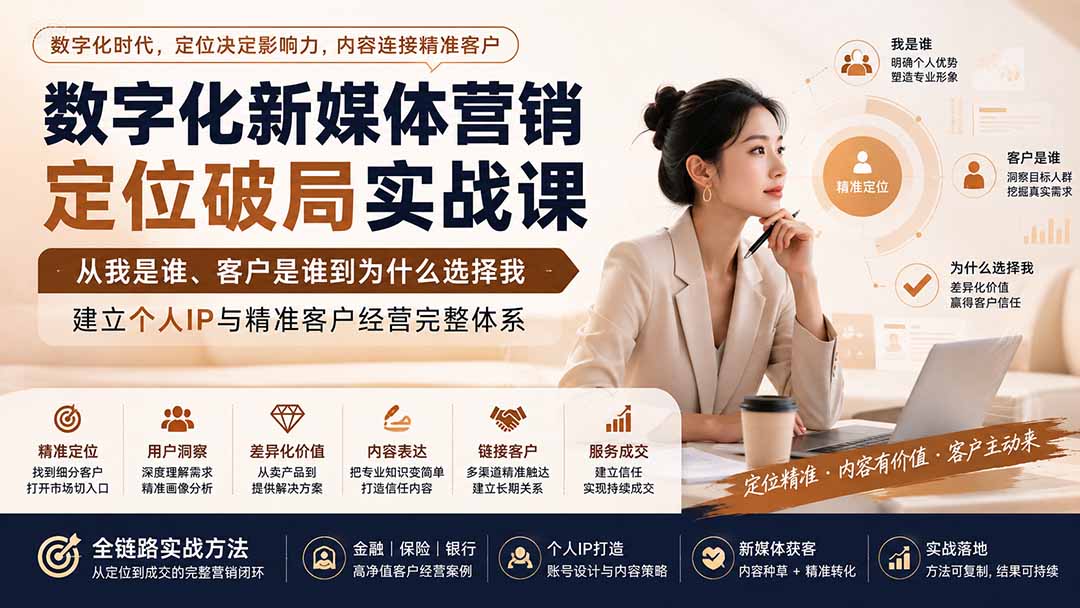 数字化新媒体营销定位破局实战课：从我是谁、客户是谁到为什么选择我，建立个人IP与精准客户经营完整体系-优优云创网