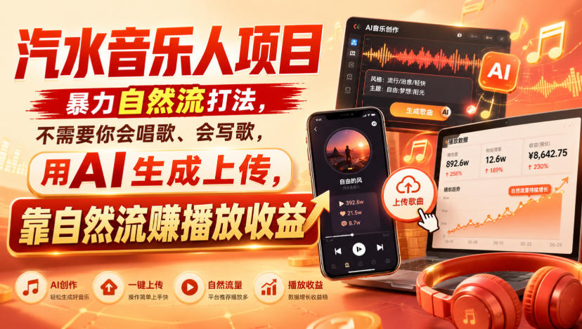汽水音乐人项目，暴力自然流打法，不需要你会唱歌、会写歌，用AI生成上传，靠自然流賺播放收益-优优云创网