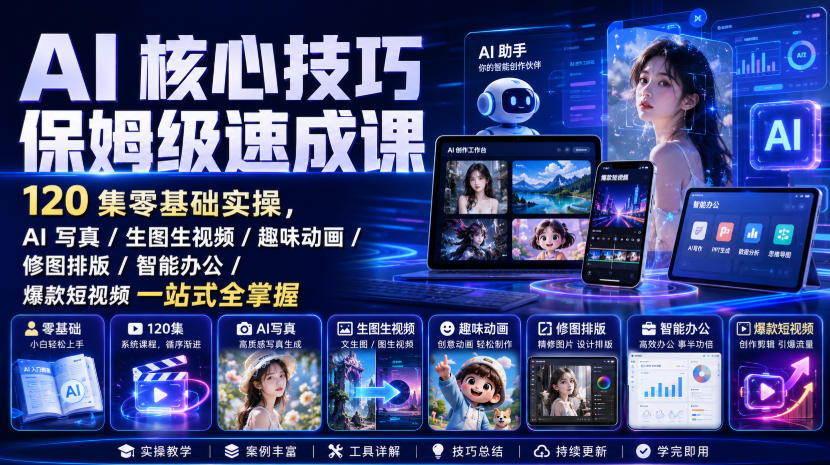 AI核心技巧保姆级速成课|120集零基础实操,AI写真/生图生视频/趣味动画/修图排版/智能办公/爆款短视频一站式全掌握(更新)-优优云创网