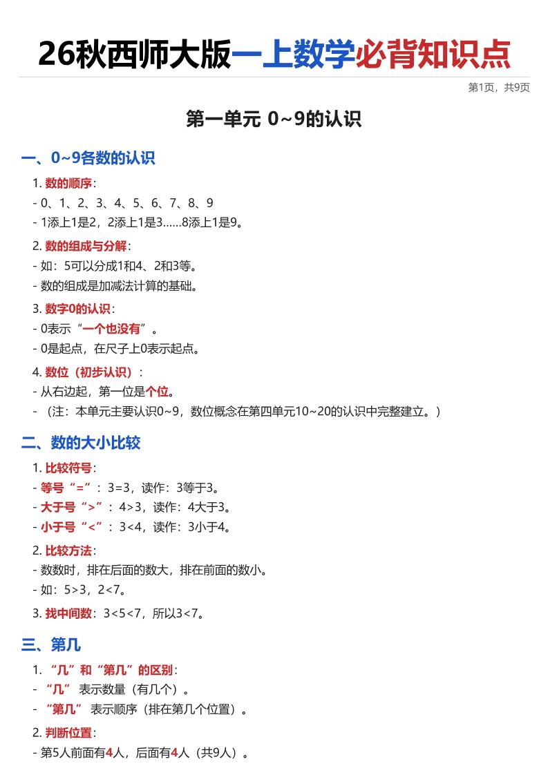 26秋西师大版一上数学·必背知识点（全册）-优优云创网