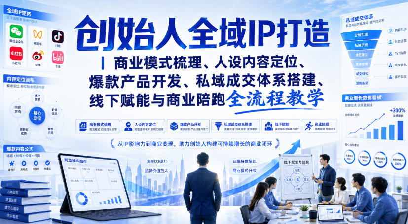 创始人全域IP打造|商业模式梳理、人设内容定位、爆款产品开发、私域成交体系搭建、线下赋能与商业陪跑全流程教学-优优云创网