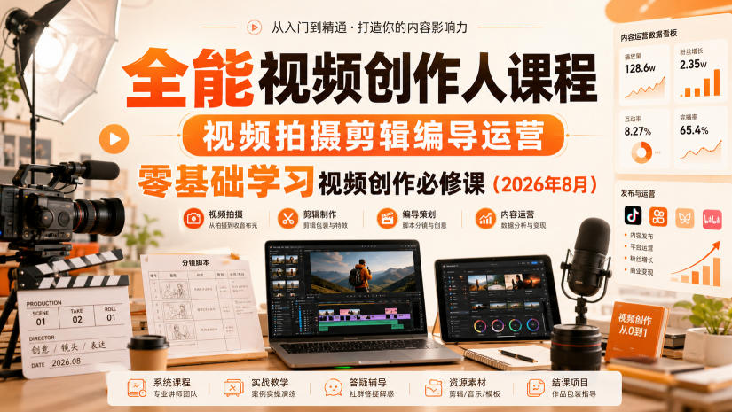 全能视频创作人课程,视频拍摄剪辑编导运营,零基础学习视频创作必修课(2026年8月)-优优云创网
