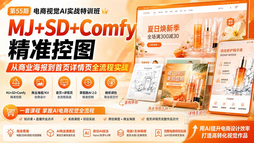 电商视觉 AI实战训练营第55期:MJ+SD+Comfy精准控图,从商业海报到首页详情页全流程实战-优优云创网