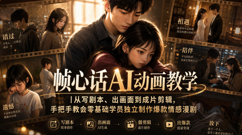 帧心话AI动画教学|从写剧本、出画面到成片剪辑,手把手教会零基础学员独立制作爆款情感漫剧-优优云创网