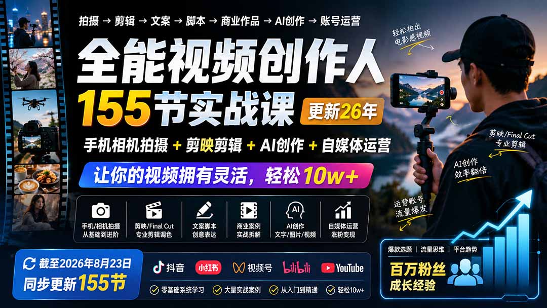 全能视频创作人155节实战课-更新26年8月：手机相机拍摄+剪映剪辑+AI创作+自媒体运营，让你的视频拥有灵活，轻松10w-优优云创网