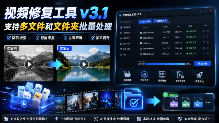 视频修复工具v3.1，支持多文件和文件夹批量处理-优优云创网