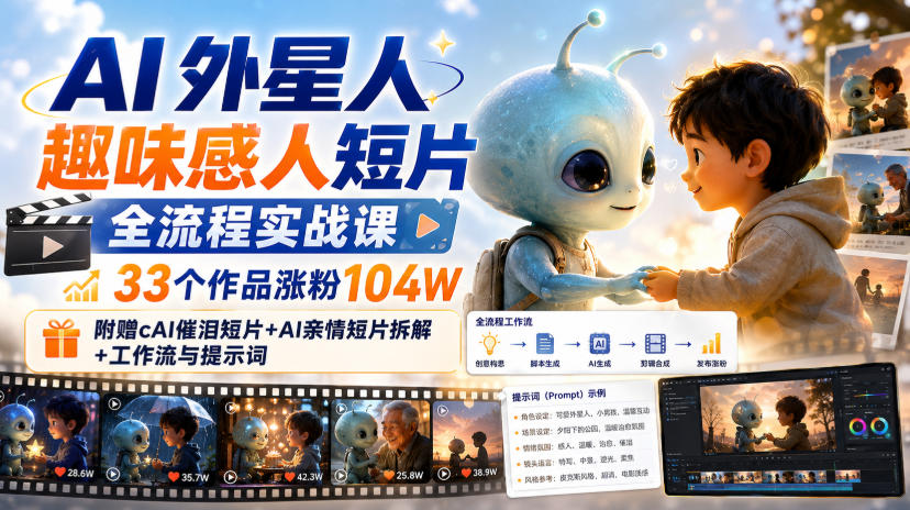 AI外星人趣味感人短片全流程实战课,33个作品涨粉104W,附赠AI催泪短片+AI亲情短片拆解+工作流与提示词-优优云创网