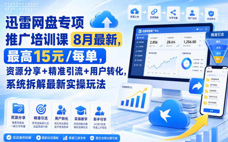 迅雷网盘专项推广培训课8月最新，最高15米/每单，资源分享+精准引流+用户转化，系统拆解最新实操玩法(更新0824)-优优云创网