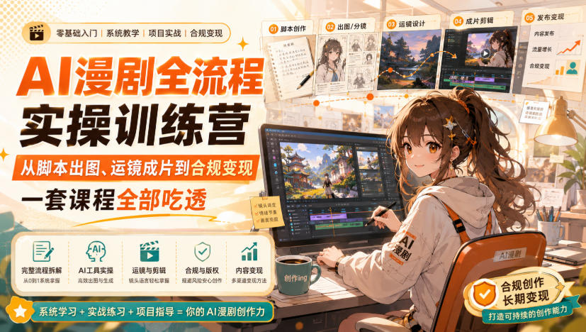 AI漫剧全流程实操训练营，从脚本出图、运镜成片到合规变现，一套课程全部吃透-优优云创网