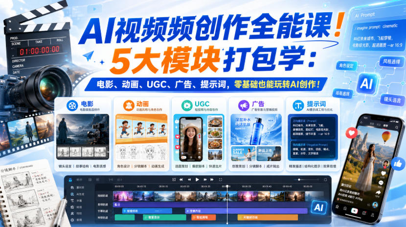 AI视频频创作全能课!5大模块打包学:电影、动画、UGC、广告、提示词,零基础也能玩转AI创作!【原创双语字幕】-优优云创网