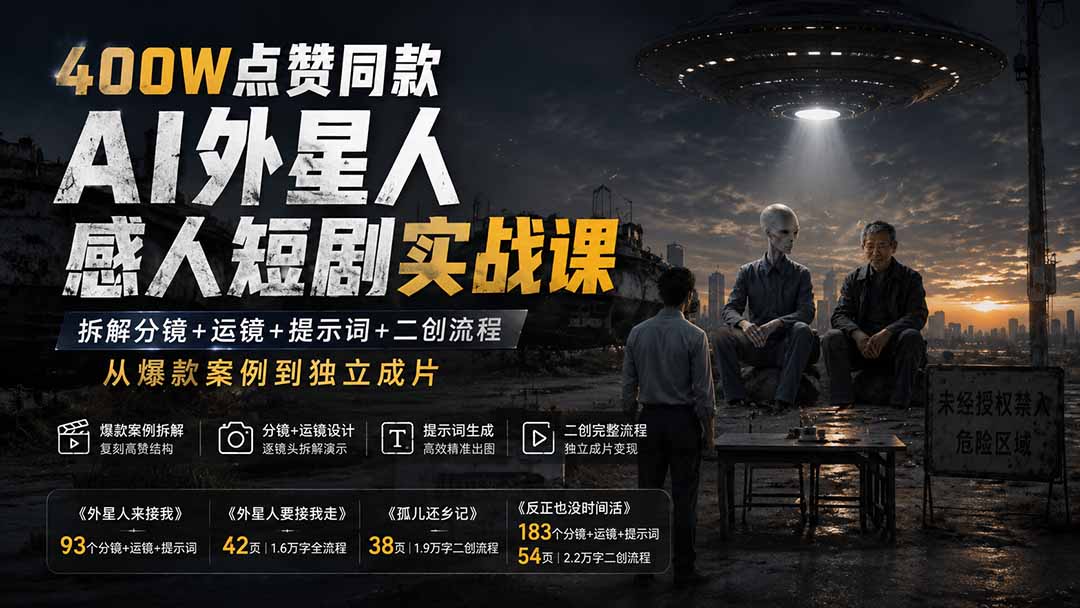 400W点赞同款AI外星人感人短剧实战课：拆解分镜+运镜+提示词+二创流程，从爆款案例到独立成片-优优云创网